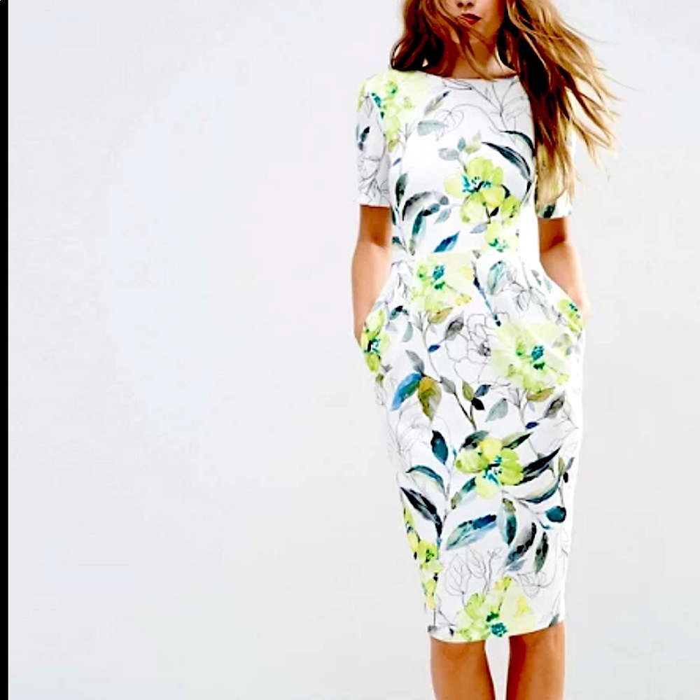 ASOS Wiggle Dress with green Watercolor Print